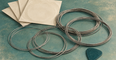 Illustration of coiled electric-guitar strings beside a plain guitar pick and blank paper sleeves.
