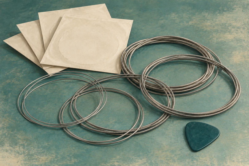 Illustration of coiled electric-guitar strings beside a plain guitar pick and blank paper sleeves.