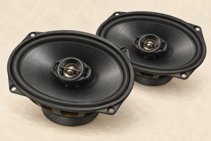 Illustration of two plain oval automotive speakers on a neutral surface.
