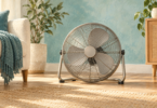 Illustration of a plain guarded floor fan in an uncluttered indoor space.