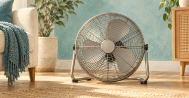 Illustration of a plain guarded floor fan in an uncluttered indoor space.