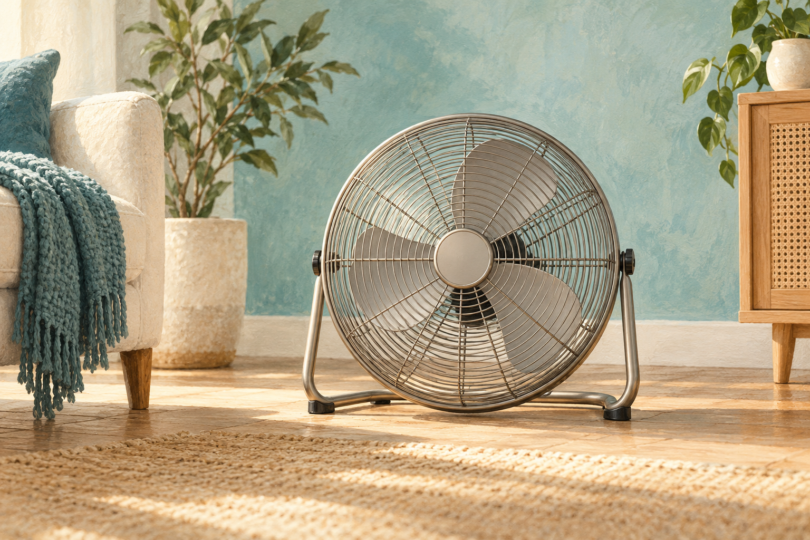 Illustration of a plain guarded floor fan in an uncluttered indoor space.