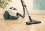 Illustration of a plain canister vacuum and floorhead on light wood-look plank flooring.