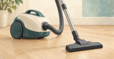 Illustration of a plain canister vacuum and floorhead on light wood-look plank flooring.