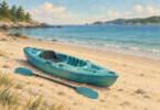 Illustration of a small empty sit-on-top kayak and a paddle resting beside calm water.