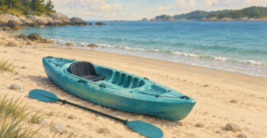 Illustration of a small empty sit-on-top kayak and a paddle resting beside calm water.
