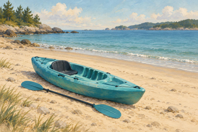 Illustration of a small empty sit-on-top kayak and a paddle resting beside calm water.