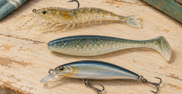 Illustration of a shrimp-shaped lure, a paddle-tail lure and a minnow-shaped hard bait arranged separately.
