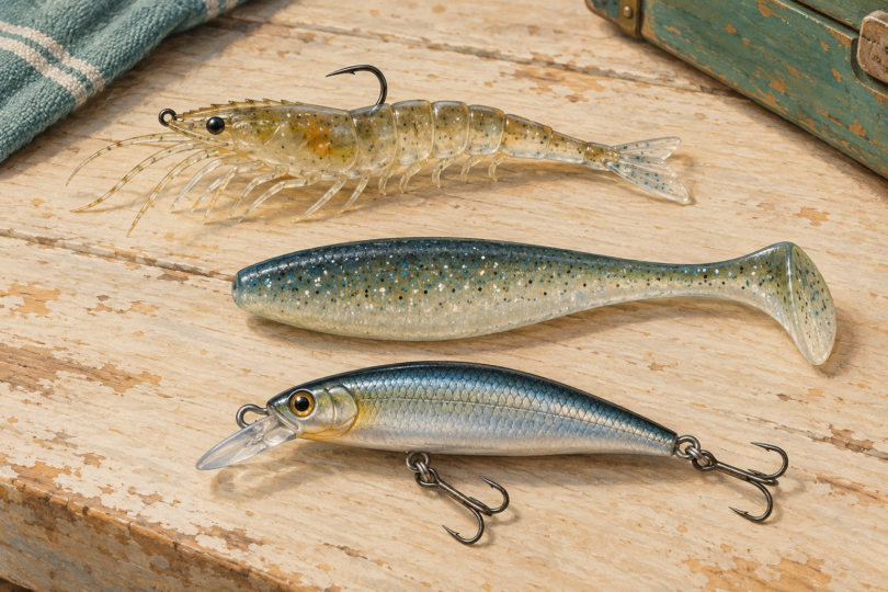 Illustration of a shrimp-shaped lure, a paddle-tail lure and a minnow-shaped hard bait arranged separately.