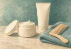 Illustration of a plain hair-conditioner jar, a cream bottle and a wide-tooth comb on a folded towel.