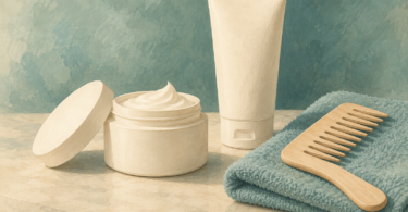 Illustration of a plain hair-conditioner jar, a cream bottle and a wide-tooth comb on a folded towel.