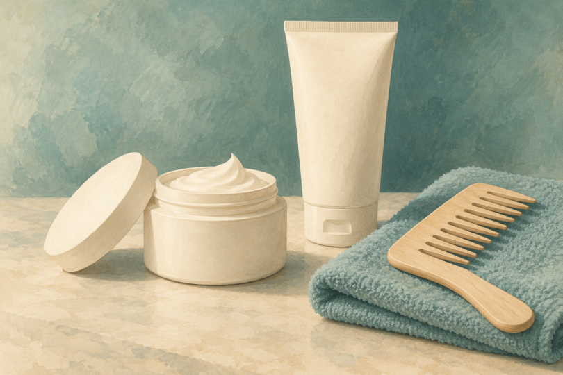 Illustration of a plain hair-conditioner jar, a cream bottle and a wide-tooth comb on a folded towel.