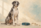 Illustration of a Great Dane beside a plain flat collar and a soft measuring tape.