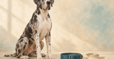 Illustration of a Great Dane beside a plain flat collar and a soft measuring tape.