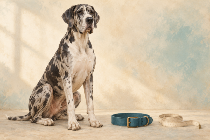 Illustration of a Great Dane beside a plain flat collar and a soft measuring tape.