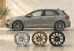 Illustration of silver, bronze and black wheels beside a generic grey car.