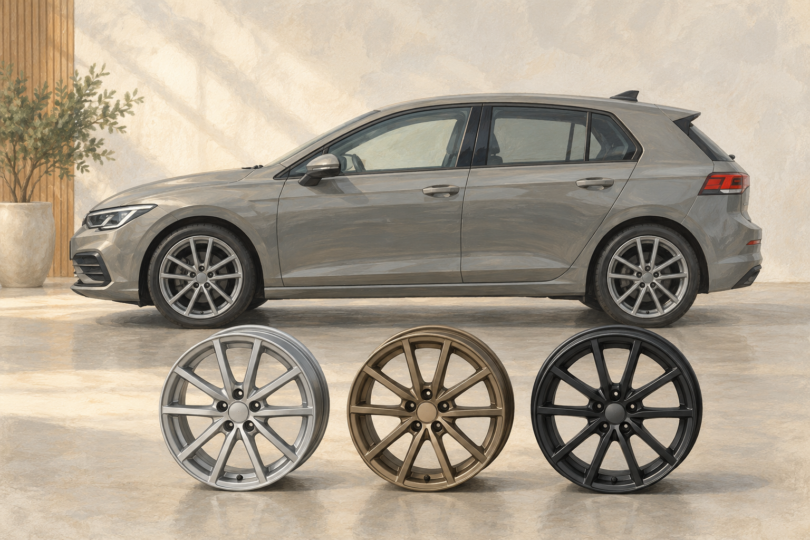 Illustration of silver, bronze and black wheels beside a generic grey car.