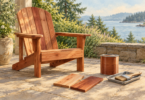 Illustration of a cedar outdoor chair beside a closed finish can, a brush and wood samples.