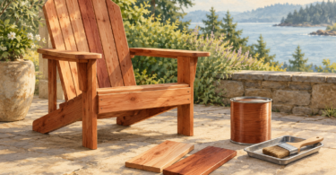 Illustration of a cedar outdoor chair beside a closed finish can, a brush and wood samples.