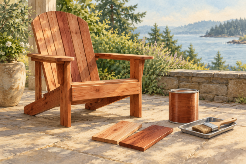 Illustration of a cedar outdoor chair beside a closed finish can, a brush and wood samples.