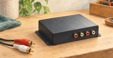 Illustration of a generic audio signal-processing unit with separate RCA cables.