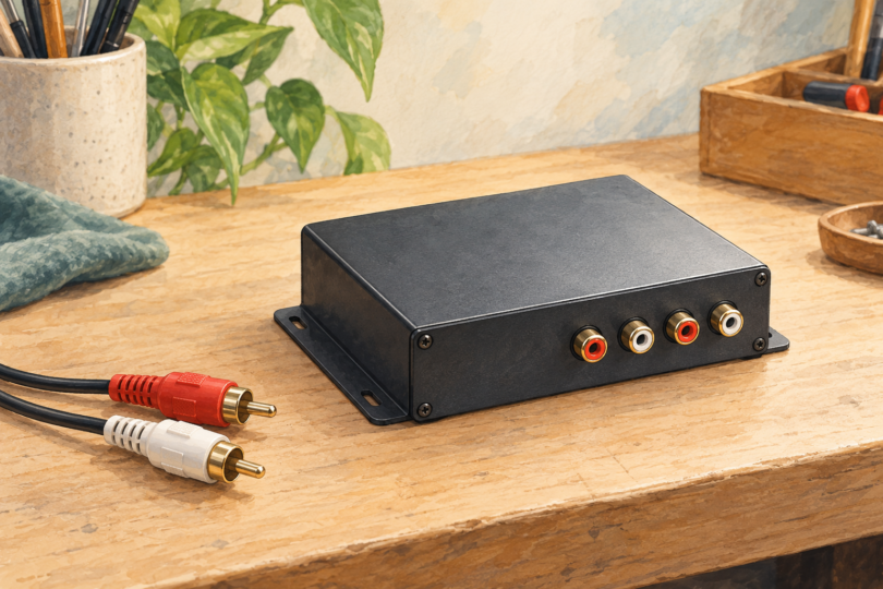 Illustration of a generic audio signal-processing unit with separate RCA cables.