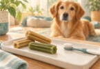 Illustration of generic ridged dog dental chews beside a pet toothbrush and a calm dog.
