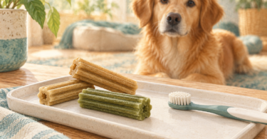 Illustration of generic ridged dog dental chews beside a pet toothbrush and a calm dog.