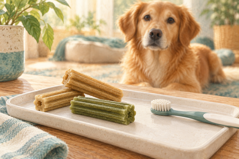 Illustration of generic ridged dog dental chews beside a pet toothbrush and a calm dog.