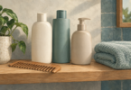 Illustration of plain shampoo bottles, a wide-tooth comb and a folded towel.