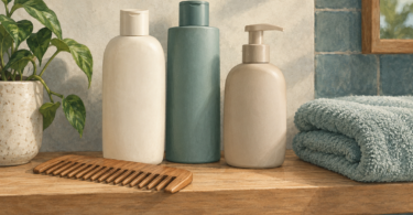 Illustration of plain shampoo bottles, a wide-tooth comb and a folded towel.