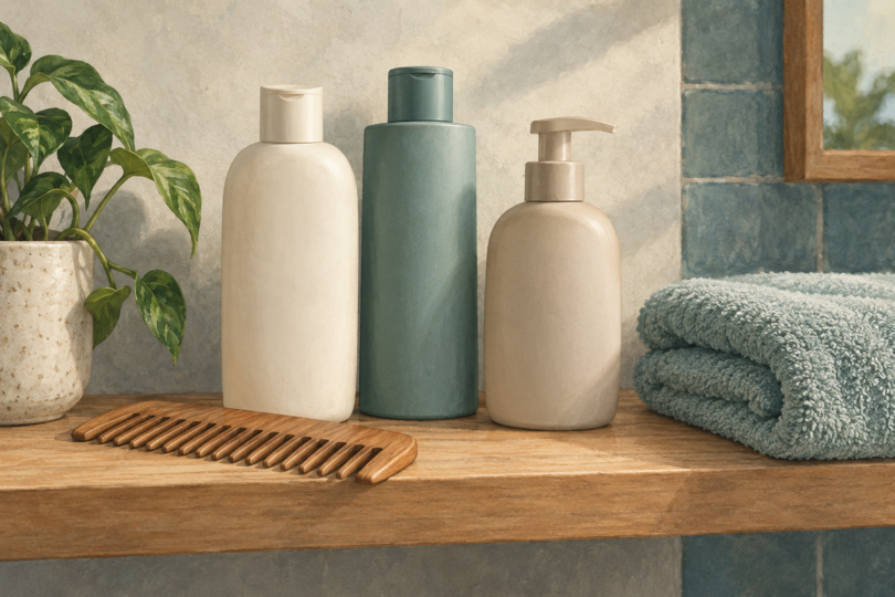 Illustration of plain shampoo bottles, a wide-tooth comb and a folded towel.