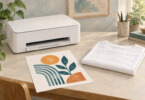 Illustration of a generic desktop printer beside a printed transfer sheet and a plain white fabric item.
