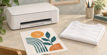 Illustration of a generic desktop printer beside a printed transfer sheet and a plain white fabric item.