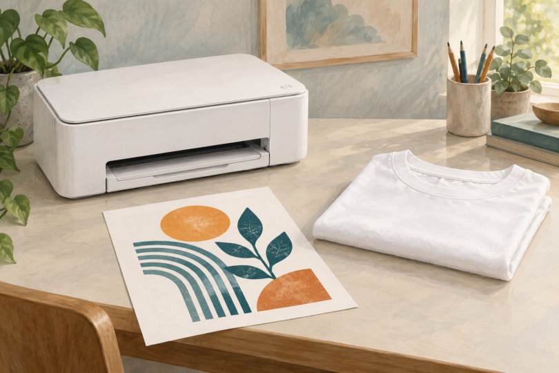 Illustration of a generic desktop printer beside a printed transfer sheet and a plain white fabric item.