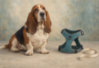 Illustration of a basset hound beside a generic adjustable dog harness and a soft measuring tape.
