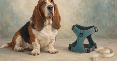 Illustration of a basset hound beside a generic adjustable dog harness and a soft measuring tape.