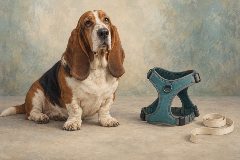 Illustration of a basset hound beside a generic adjustable dog harness and a soft measuring tape.