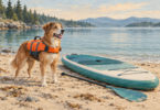 Illustration of a dog wearing a flotation vest beside a paddleboard on a calm sandy shore.