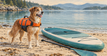 Illustration of a dog wearing a flotation vest beside a paddleboard on a calm sandy shore.