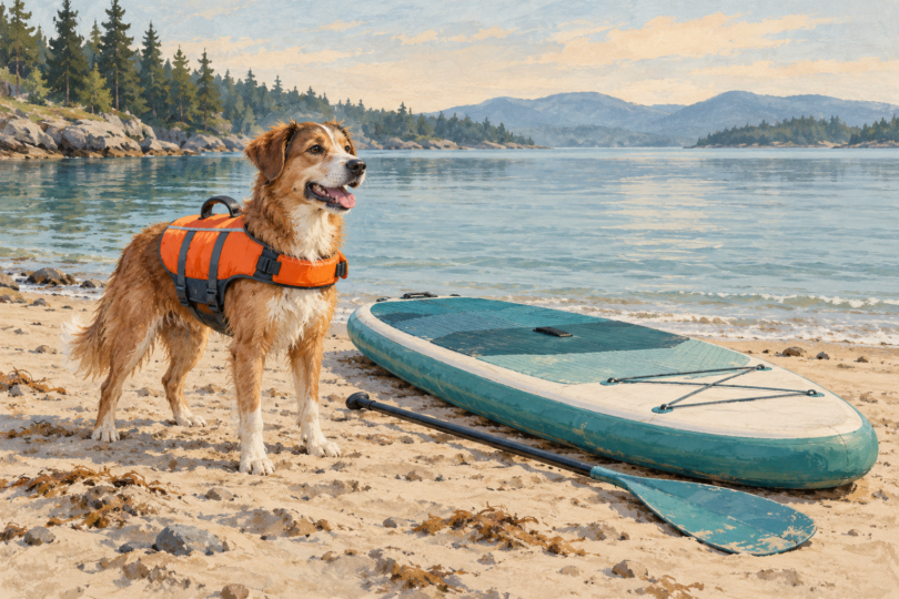 Illustration of a dog wearing a flotation vest beside a paddleboard on a calm sandy shore.
