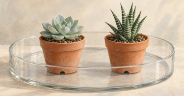 Illustration of two succulents in separate removable terracotta pots inside a wide-open glass display tray.