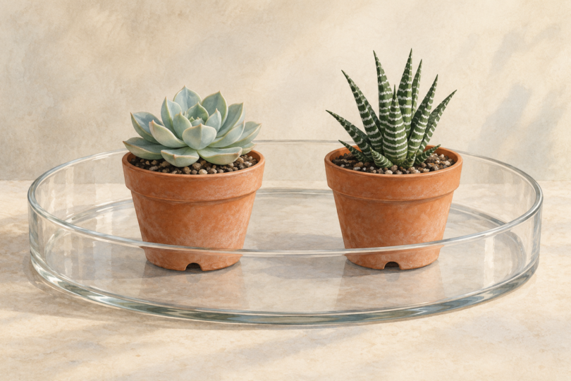 Illustration of two succulents in separate removable terracotta pots inside a wide-open glass display tray.