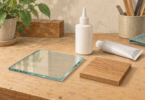 Illustration of a glass tile and wood sample beside closed unbranded adhesive containers.