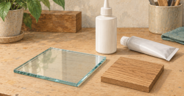 Illustration of a glass tile and wood sample beside closed unbranded adhesive containers.