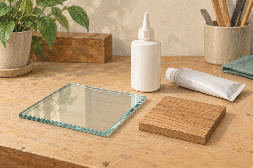 Illustration of a glass tile and wood sample beside closed unbranded adhesive containers.