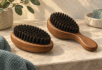 Illustration of two unbranded wooden hair brushes with dark bristles on a neutral surface.