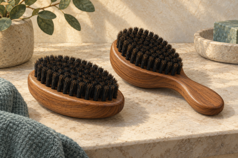 Illustration of two unbranded wooden hair brushes with dark bristles on a neutral surface.