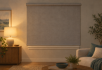 Illustration of a closed opaque roller shade covering a window in a softly lit room.