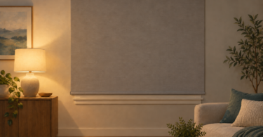 Illustration of a closed opaque roller shade covering a window in a softly lit room.
